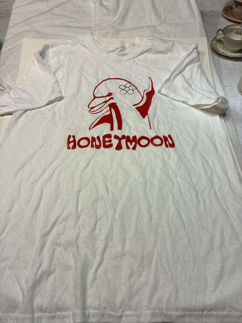 Honeymoon Graphic T-Shirt with Dolphin and Flower Illustration